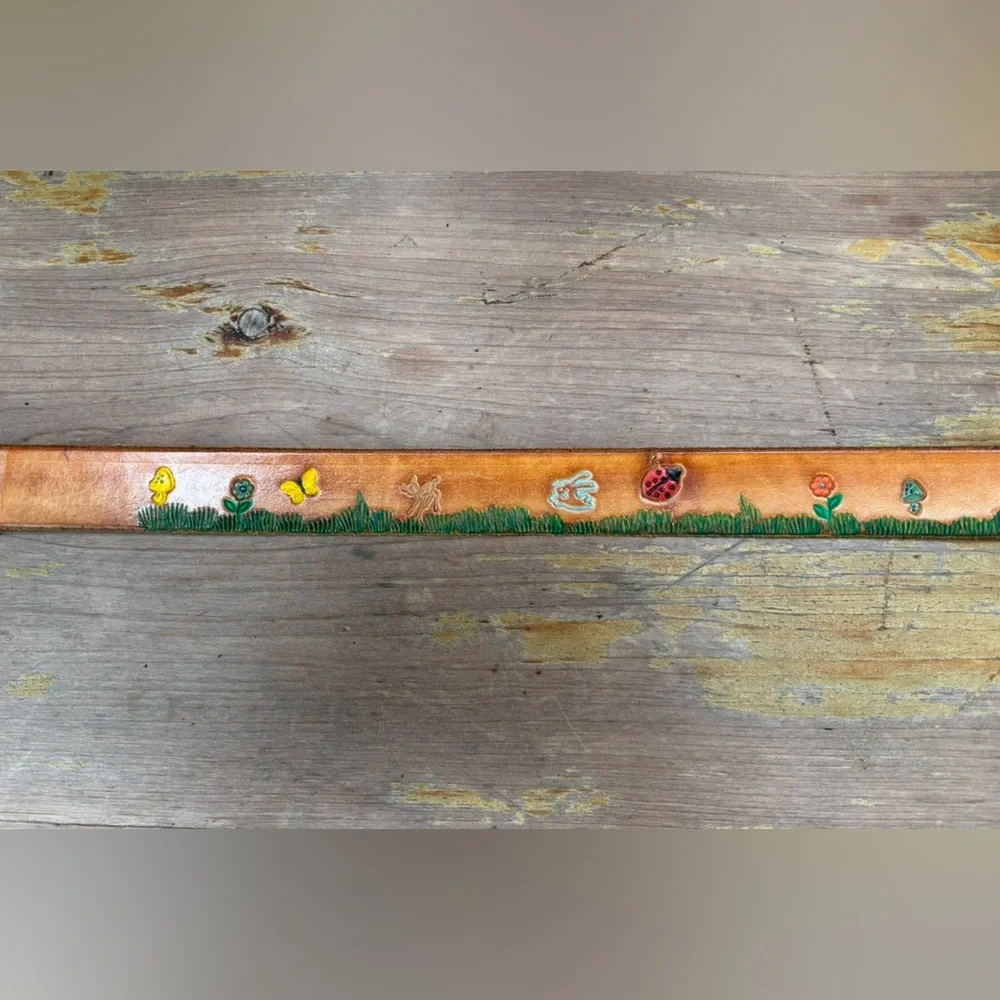 Hand Tooled & Painted Leather Belt Flower Bunny Deer Butterfly Ladybug Mushroom